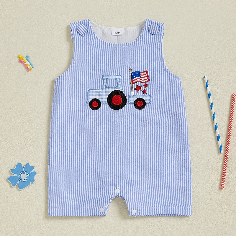 

Toddler Boys Rompers Independence Day Clothes Flag Star Embroidery Stripe Summer Sleeveless Overalls Baby Boys Jumpsuits