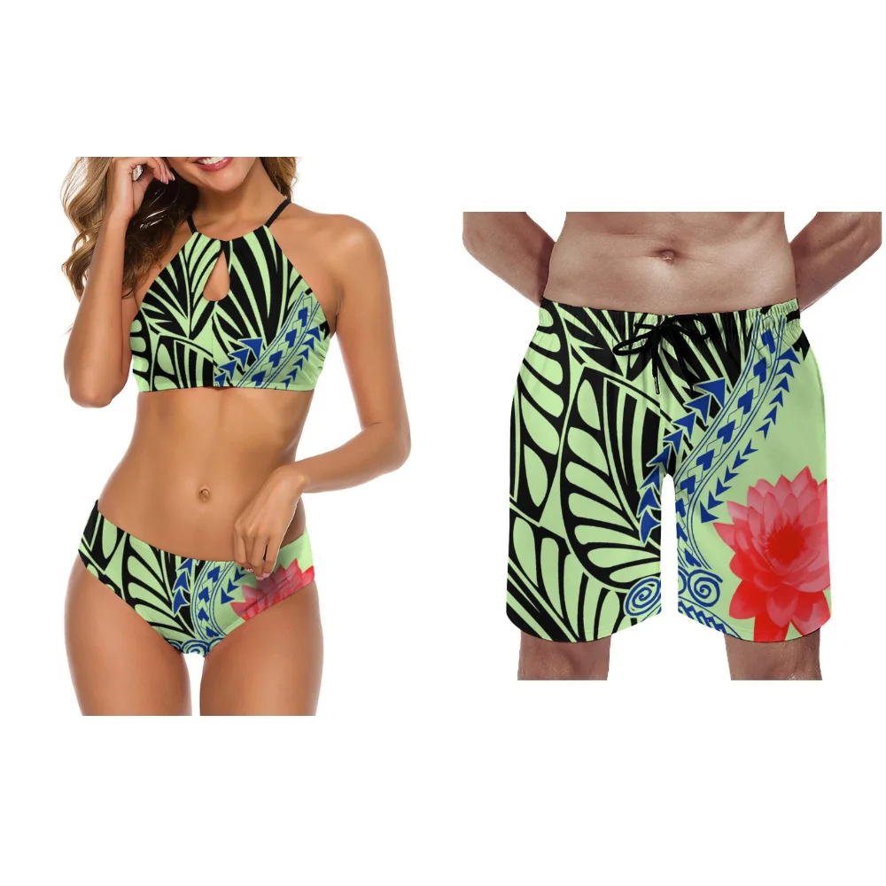 Hawaiian Seaside Sexy Bikini High-Waisted High-Legged Couple Swimsuit Polynesian Custom Surf Set Floral Print Island Bikini