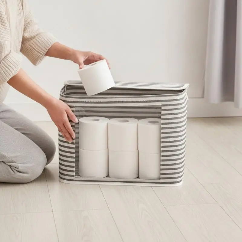 Foldable Toilet Paper Holder With Lid Large Capacity Space-Saving Bathroom Organizer Clear Window Toilet Paper Storage Box