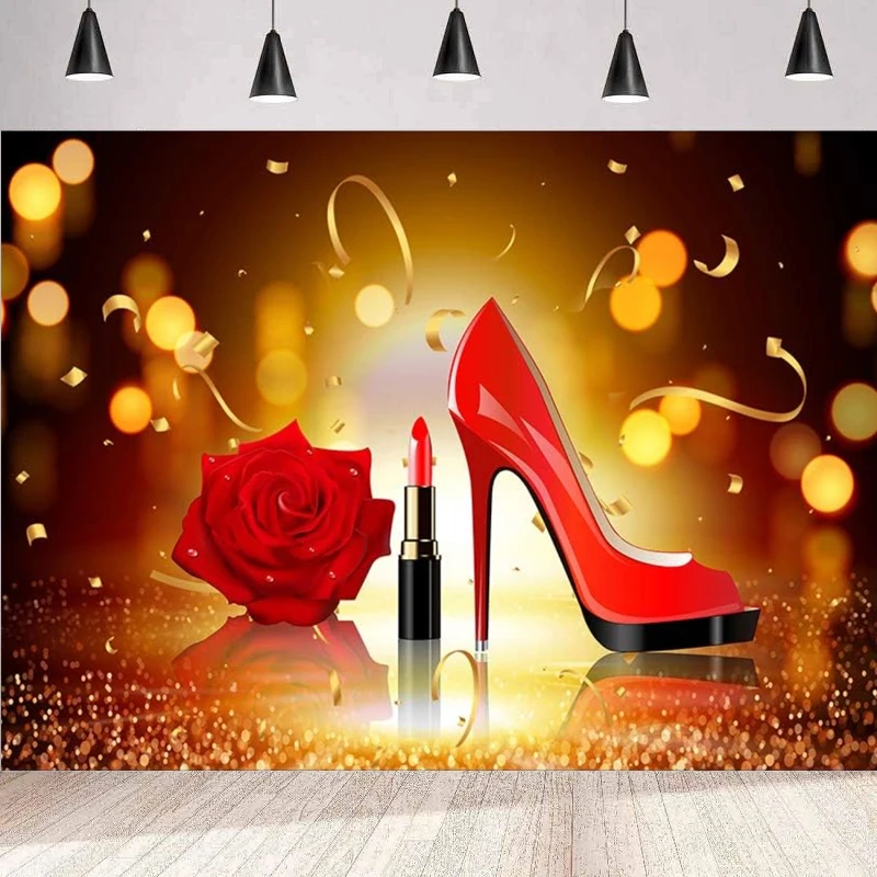 Lady Makeup Photography Backdrop Red Lipstick Rose High Heel Bokeh Background Wall Valentine's Day Bachelorette Party Banner