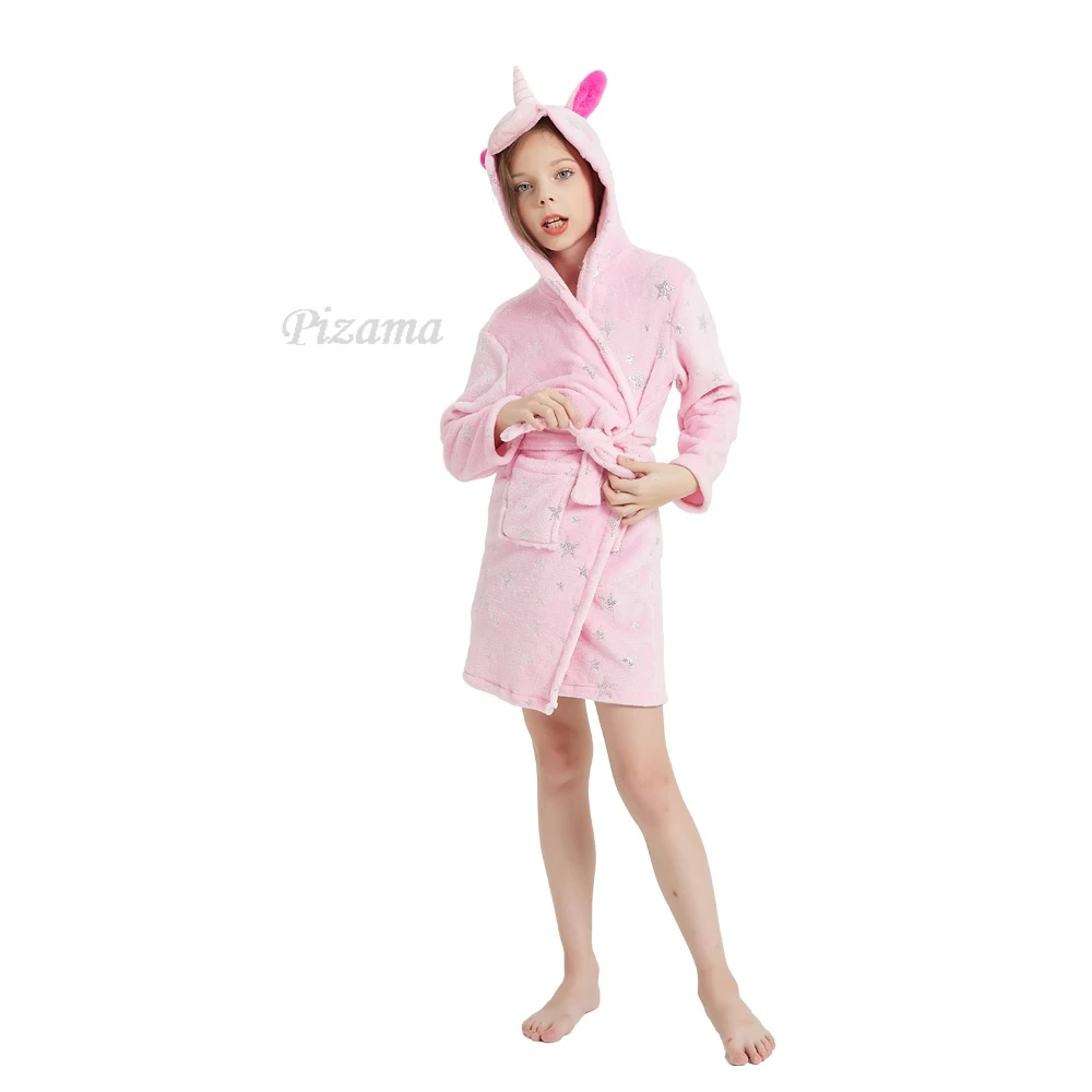 الوردي ستار طباعة الفتيات البشاكير مقنعين يونيكورن منامة الأطفال أردية الحمام لمدة 2-11 سنة الاطفال ملابس خاصة ثوب النوم مع حزام #6