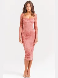 Women's Elegant Directional Design Dress 2024 Sweetheart Long Pink Vintage Lace Mesh Long Sleeve Maxi Dress