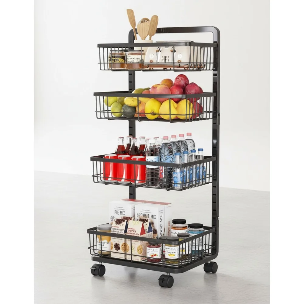 

4-х уровневая регулируемая кухонная тележка с колесами — металлическая корзина для хранения фруктов, овощей, закусок