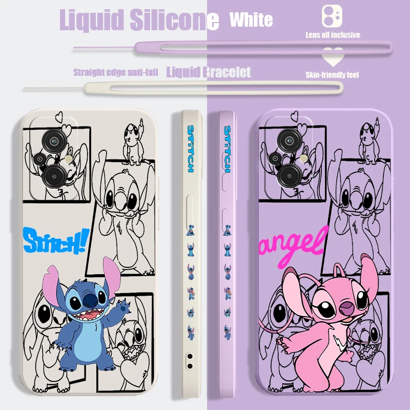 Disney Cute stitch Liquid Left Rope Phone Case For Redmi 6 7 8 9 10 11 12 13 K30 40 50 60 AT X A1 Ultra Pro Shell Soft Cover