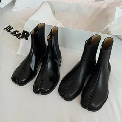 Luxury Brand Design Leather Tabi Boots Fashion Round Chunky High Heel Ankle Boots for Women Autumn Winter Split Toe Shoes