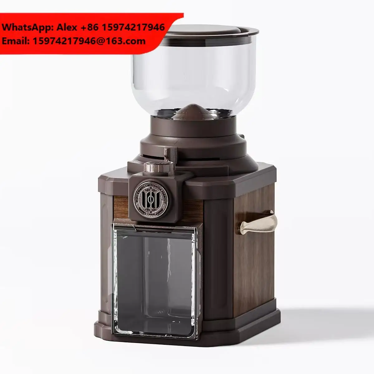 WING KWONG Coffee Grinder High Efficiency Conical Burr 16 Grind Degree Glass Hopper CE CB Safety Beautiful Design For Home Use