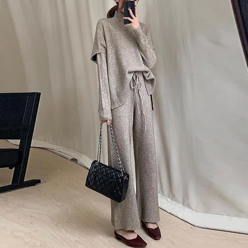 

Hight waist loose knit pants sets for women 3 pieces high-quality soft Half high collar knitwear suits female autumn outwears