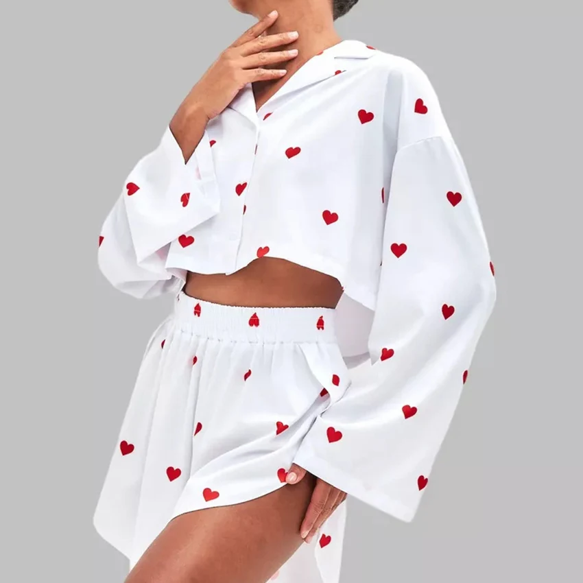 HiLoc Summer Women's Heart Print Satin Pajamas Set Long Flare Sleeve Crop Top & Shorts 2 Piece Loungewear Sleepwear 2026 New