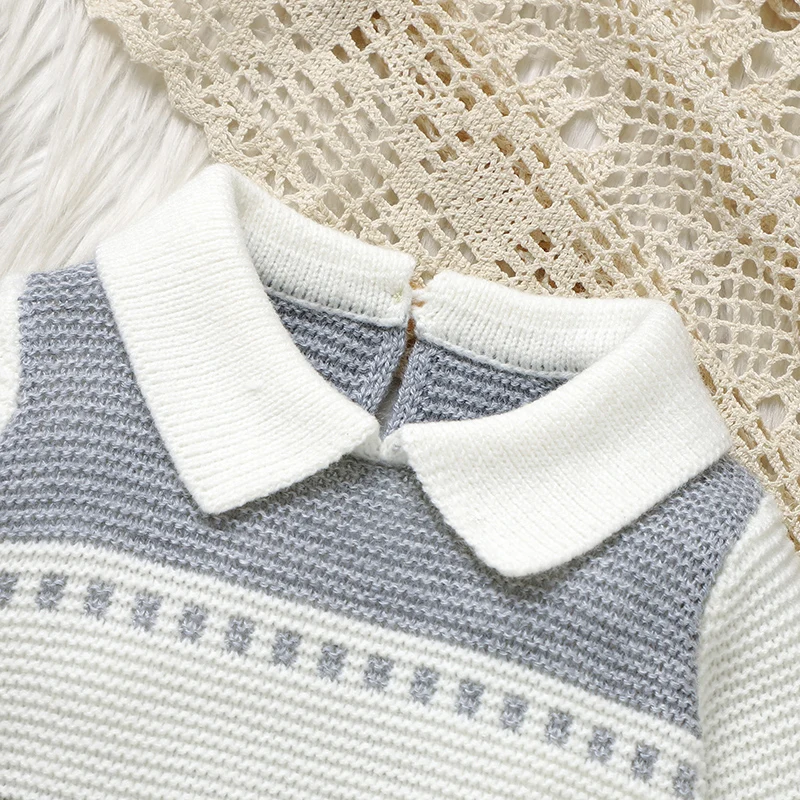 Baby Romper Knit Infant Kid Clothes 0-9M Fashion Turn-down Striped OverallsNewborn Girl Boy Jumpsuit Long Sleeve Foot Wrap Fall