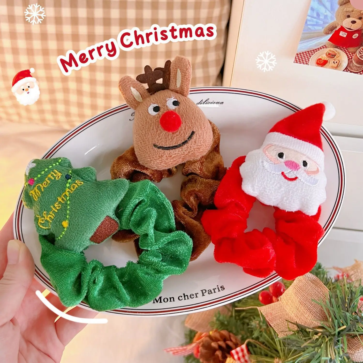 Christmas Cartoon Plush Stretchy Hair Rope for Women Cute Santa Claus Elk Christmas Tree Hair Accessories Ponytail Headwear Gift