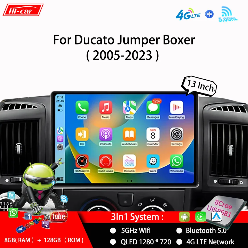 Radio For Fiat Ducato Citroen Jumper Peugeot Boxer CarPlay & Android Auto Stereo 4G+Wifi 13.1Inch 2Din Android Multimedia Player