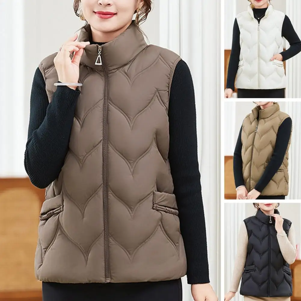 Winter Dames Vest Jas Dikke Opstaande Kraag Hals Mouwloos Bovenkleding Effen Kleur Ritssluiting Gewatteerd Damesvest