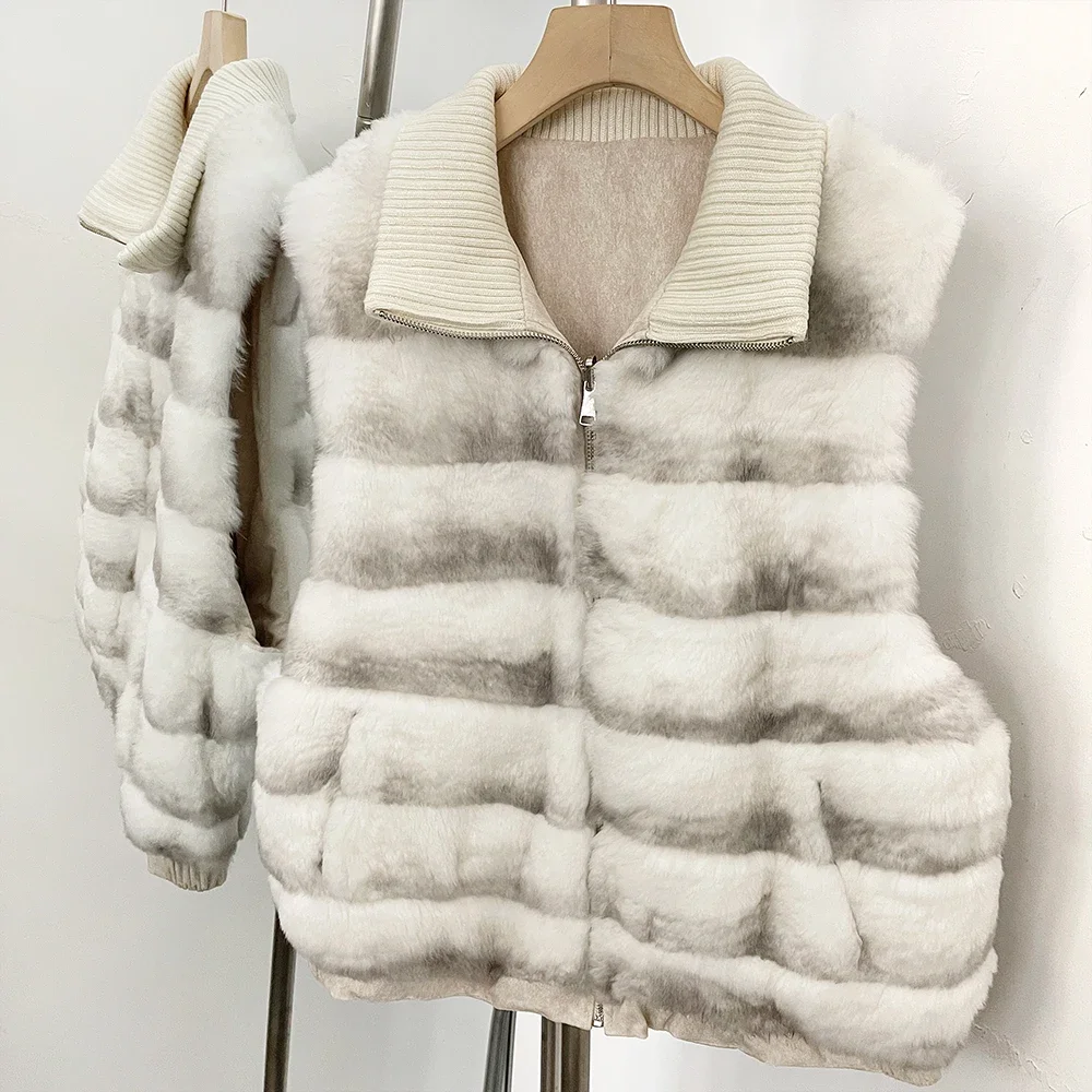 OFTBUY Knit Collar Zip Up Two Sides Wear Fur Waist Coat Women Reversible Real Rabbit Fur Vest New Winter Fur Clothing Female