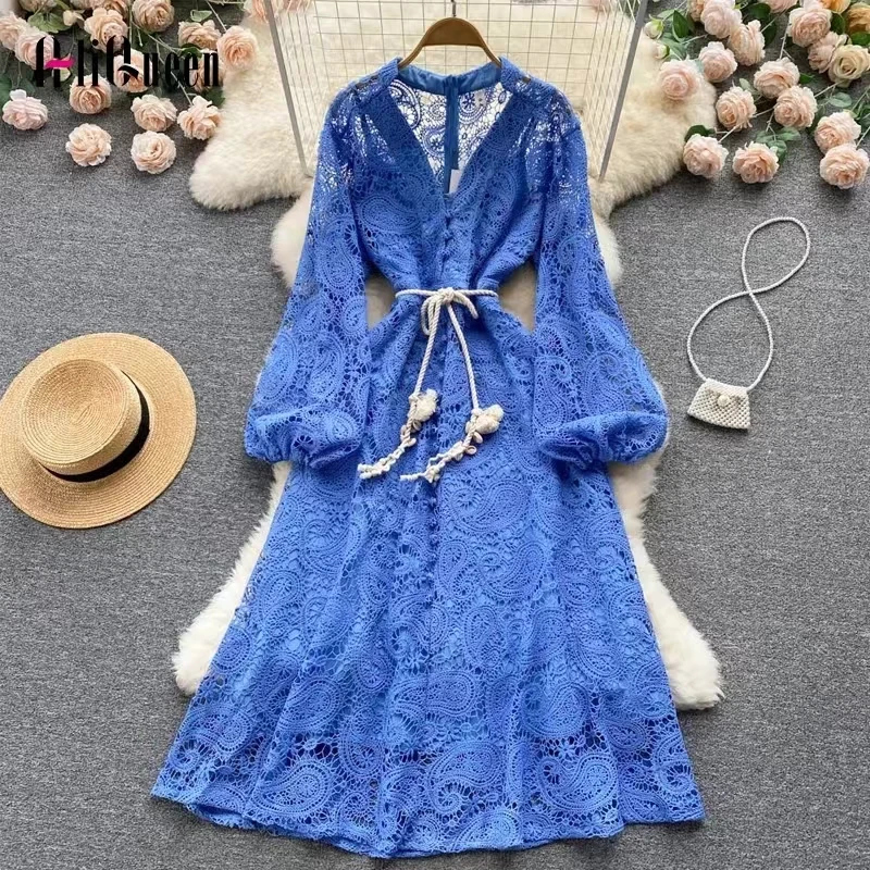 

High End Women Summer Vintage Lantern Sleeve Hollow Out Embroidery Lace Elegant Sexy V Neck Sinlge Breasted Long Ddresses