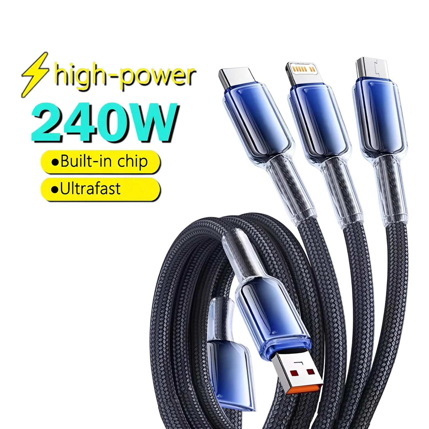 3-in-1 USB 240W 6A Fast Charger Cable Car USB To Type-C Micro LIGHTNING Cable For iPhone 16 15 14 13 Samsung Xiaomi Huawei