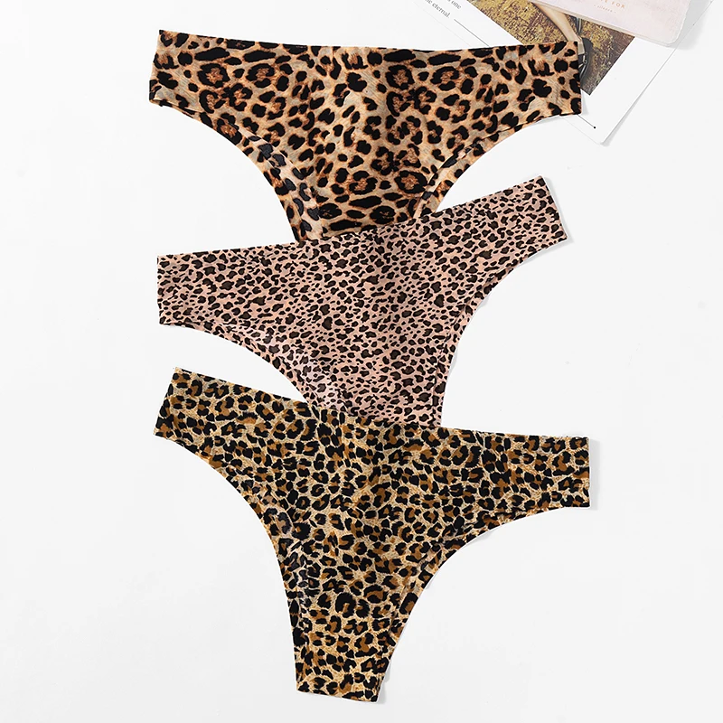 BZEL 3PCS/Set Women's Panties Fashion Leopard Bikini Sexy Thongs Seamless Underwear Silk Satin Lingerie Sports Fitness G-Strings