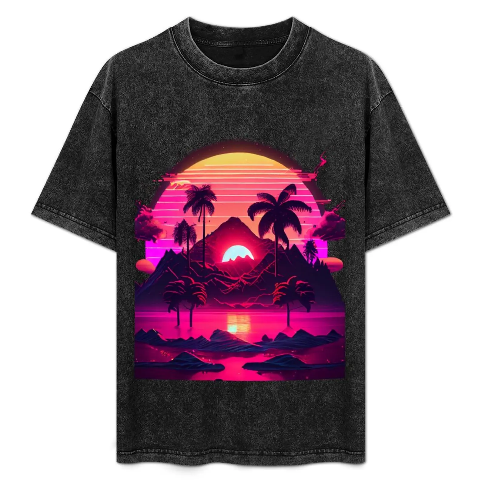 

Synthetic Visions: Sunrise by the Sea T-Shirt Basic Casual Short Sleeve Cotton Shirt