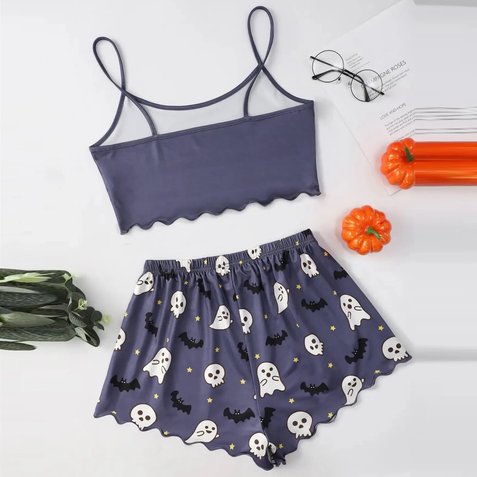 Women Halloween Spaghetti Strap Pajamas Sets Sexy Gothic Pumpkin Print Sleeveless Camisole+Shorts Suit Homewear Underwear Summer