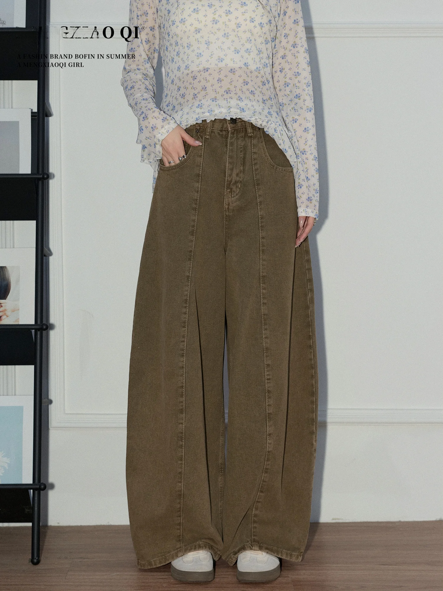 

Джинсы Meng Xiaoqi в американском ретро-стиле с высокой талией и широкими штанинами, женские, весенние, корейский стиль, свободные прямые джинсы Aosphere