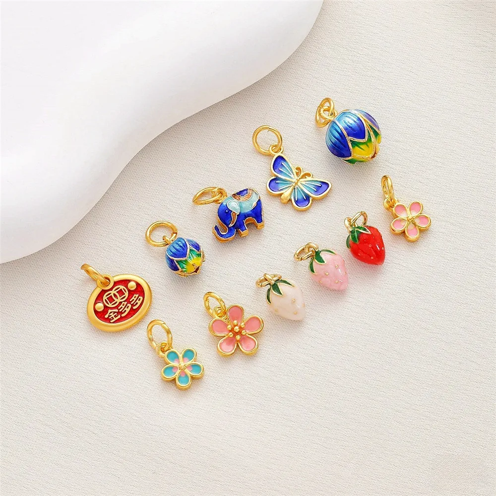 18K Burnt Blue Cloisonn É Strawberry Butterfly Lotus Blossom Elephant Pendant DIY Bracelet Necklace Pendant Accessories