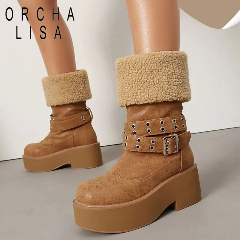 

ORCHA LISA Fashion Women's Mid Calf Boots Round Toe 6.5cm Chunky Heel 4cm Platform Slip On Flock Suede Beige Red Winter Size 41