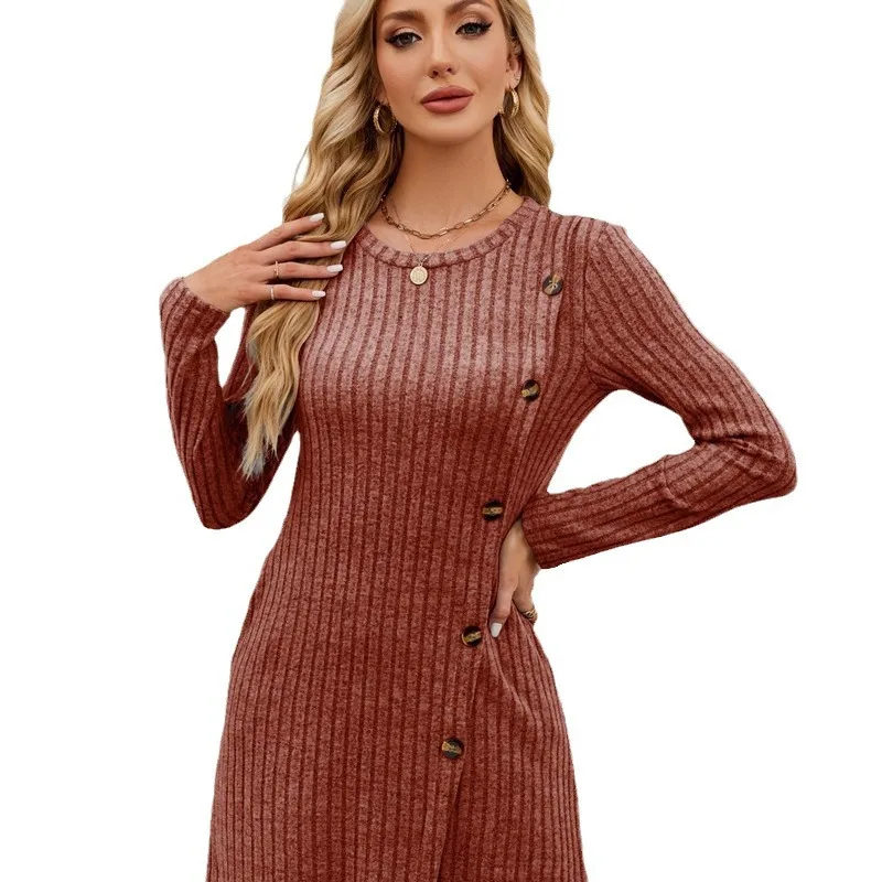 

2025 New Fashion Round Neck Side Button Dress Women Autumn Casual Loose Solid Color Mini Long Sleeve Vestidos For Women
