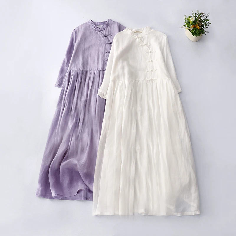 

Ramie Cotton Linen Dress Summer Stand Neck 3/4 Sleeve Retro Plate Button Solid Color Loose Long Dress