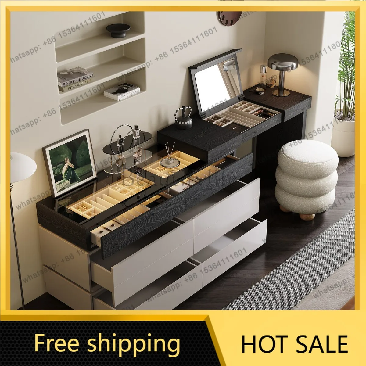 LDItalian Dressing Table Girls Makeup Modern Luxury Dressing Table Bedroom Stool Chest of Drawers Storage