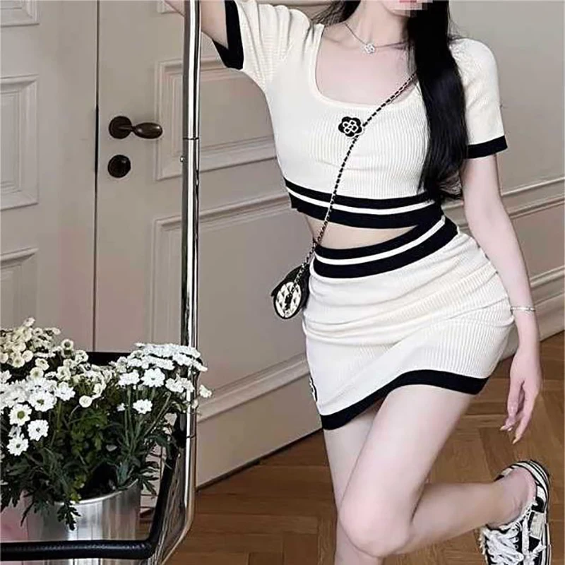 1 Set Women's Fashion Sexy Slim Fit Knitted Micro-Elastic Short-Sleeved Skirt Suit Set