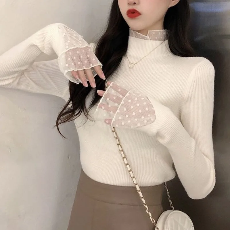 Neploe Korean Fashion Fake Two Piece Sweaters Mujer Autumn Sweet Lace Long Sleeve Tops Women Y2k Slim Fit Knitted Pullover