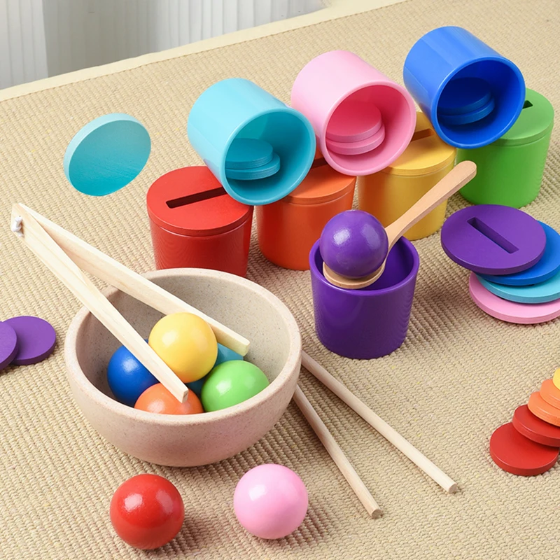 Montessori Wooden Toy Color Matching Game Rainbow Balls in Cups Early Education Learning Toys for Preschool Children Age 3+