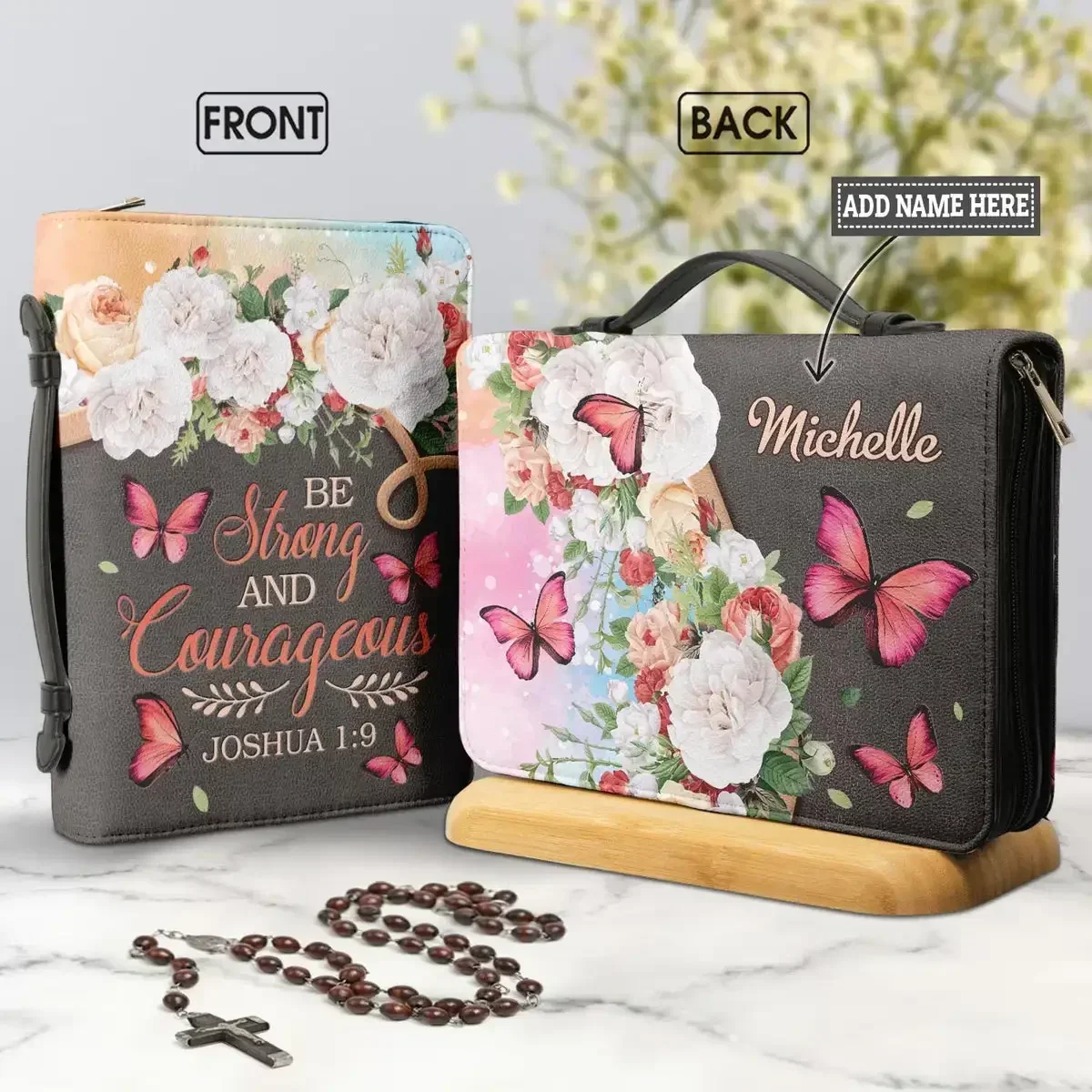 Pretty Butterflies Floral Design Ladies Bible Bag Be Strong and Courageous Joshua 1 9 Print Women's Personalized Christian Bags
