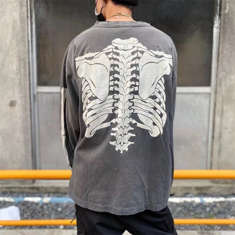 New Vintage Skull Round Neck Printed Loose Retro Long Sleeve Washed High Street Casual Oversize High Quality Hip Hop Rock Top