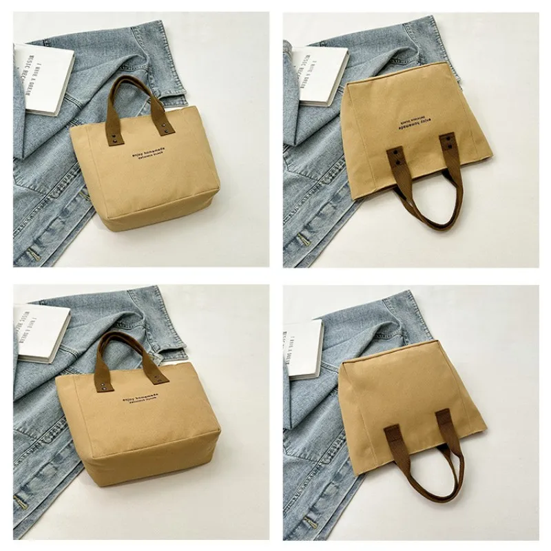 

Простая холщовая сумка с буквенным принтом, сумка для обеда, бенто для женщин, студенческая сумка для отдыха, сумка для покупок на молнии, сумка с верхней ручкой