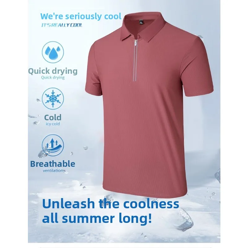 

Мужская модная футболка-поло для активного отдыха и туризма, однотонная, трендовая, летняя, с короткой молнией, из ледяного шелка, быстросохнущая