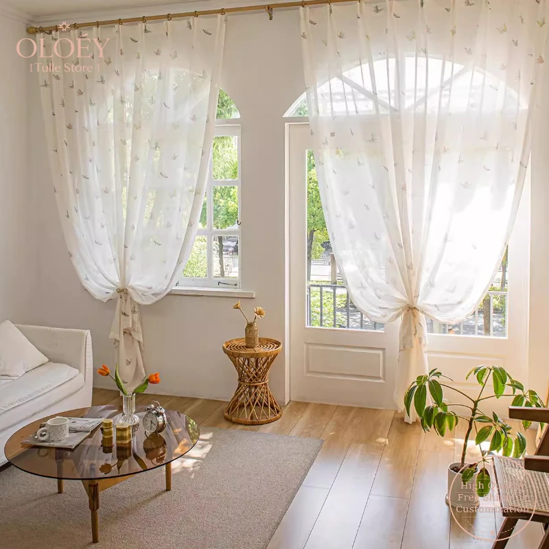 

White Tulle Curtains for Balcony French Window Girl Room Velcro Sun Protection Butterfly Linen Cotton Homestay High End Drapes