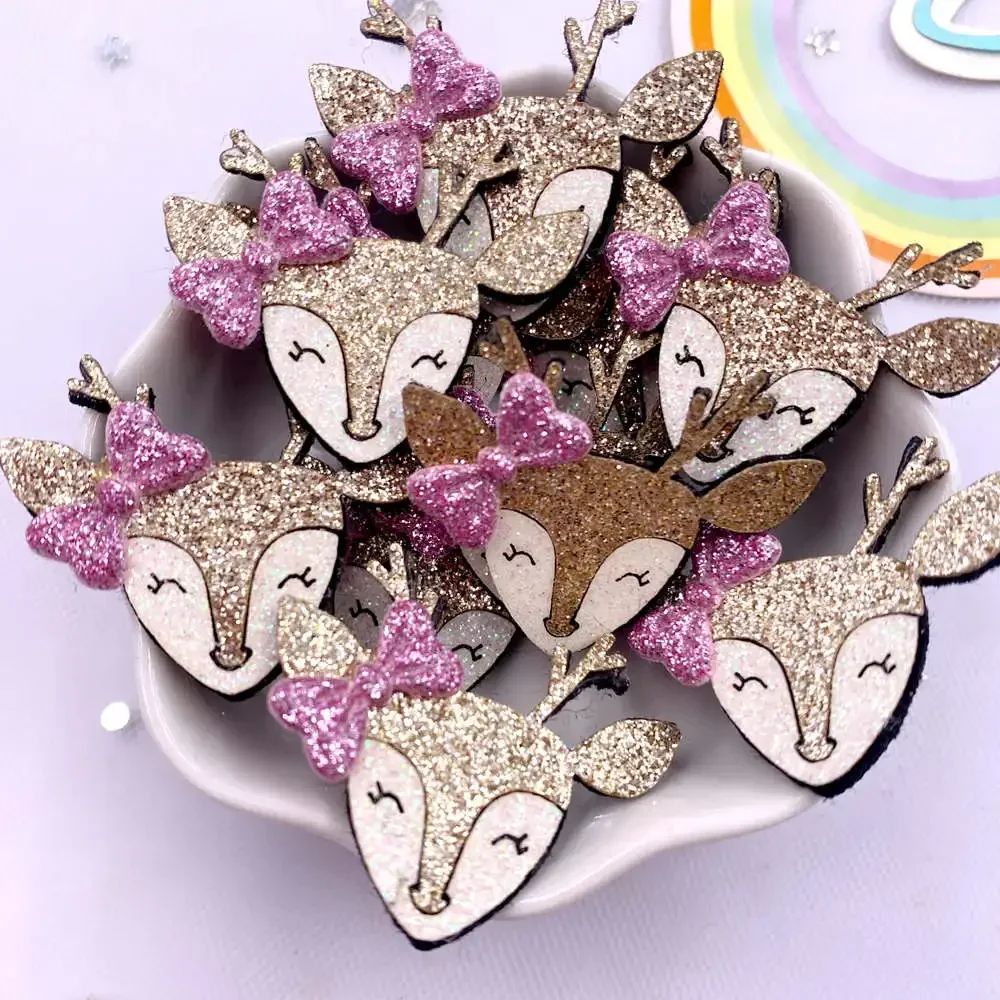 10pcs Felt Fabric Colorful Glitter 3D Bepowder Cartoon Bowknot Golden Deer Patch Applique Sewing DIY Hair Bow Crafts Supplie XE8