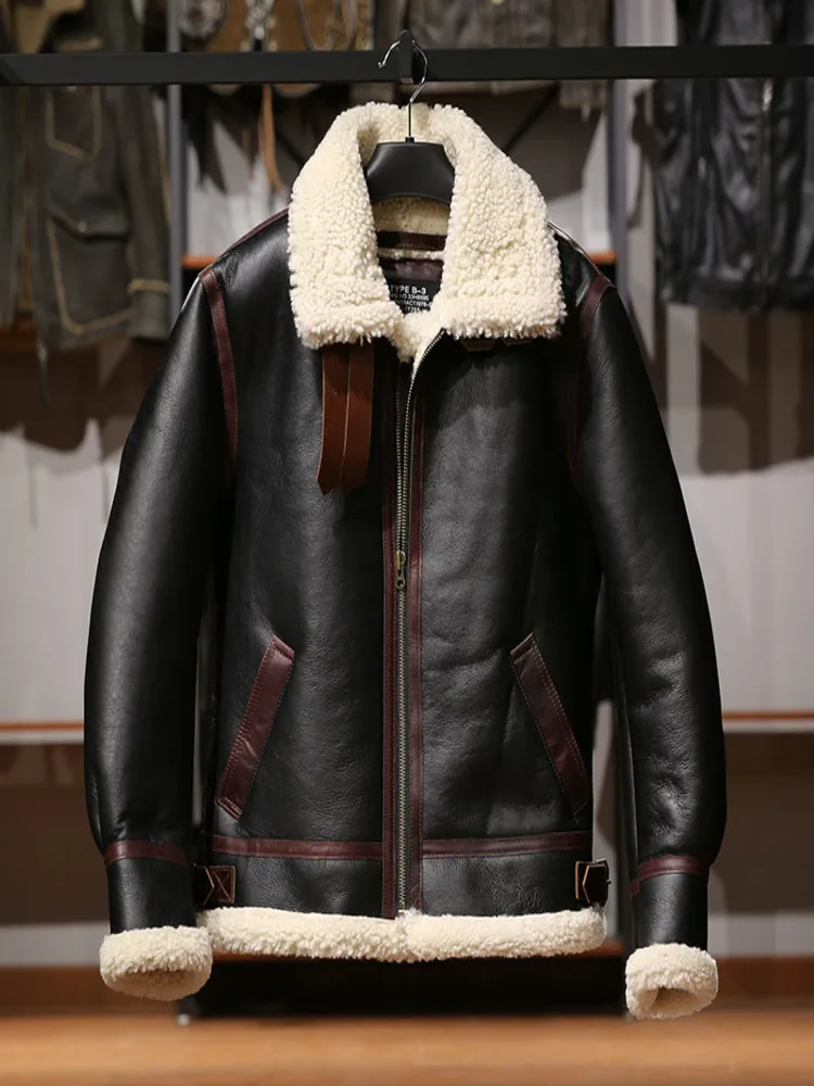 

AV-B3 European US Size High Quality Super Warm Genuine Sheep Leather B3 Shearling Bomber Fur Jacket