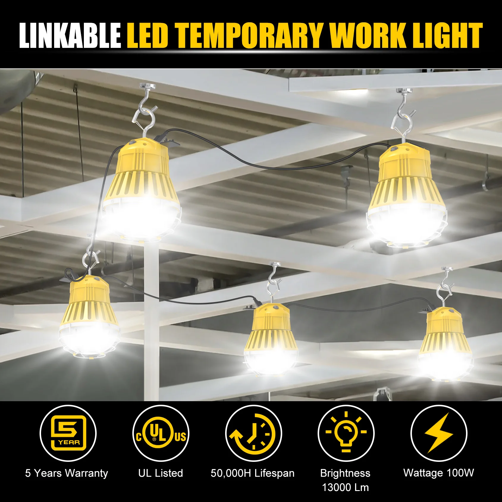 LUZ DE TRABAJO LED LINKÁVEL 100W/80W/60W 5000K 100-277VAC COM PLUG EUA