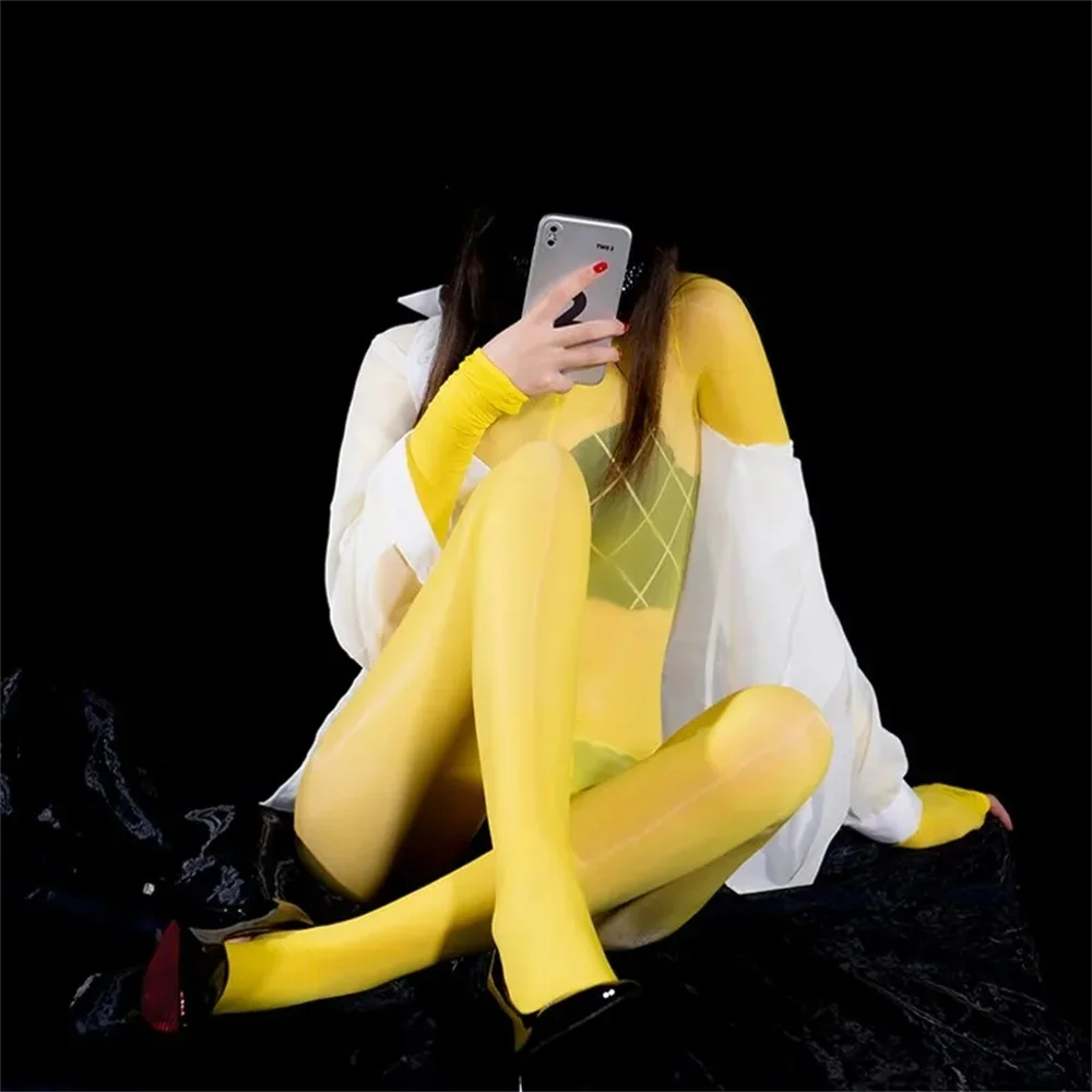 Gothic Punk Zipper Open Crotch Catsuit Bodysuit Oil Shiny Long Sleeve Full Body Stockings Women Sexy Cosplay Costumes