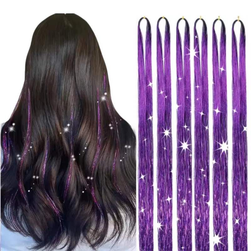 

20 Inch long Straight Hair Extensions Shiny Tinsel Sparkle Hair Heat Resistant Highlights Wig for Girls Kids