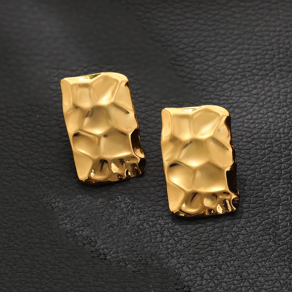 Vintage Stainless Steel Texture Hammered Geometric Drop Earrings for Women Gold Plated Rectangle Earrings Statement Jewelry image 5