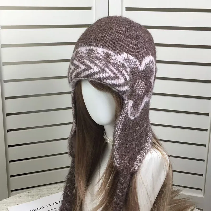 Herbst-Winter Koreanischer Stil Retro Jacquard Ohrenklappen-Strickmütze für Männer und Frauen Outdoor Mode Blumen-Jacquard Warme Bombermützen – Detail 1