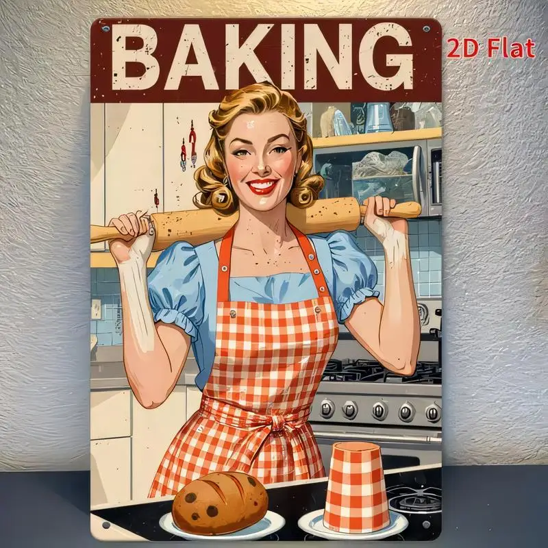 2D Flat Baking Retro Housewife Vintage Metal Tin Sign - Kitchen Wall Art w/ Rolling Pin & Bread, Checkered Apron, Iron, Perfect