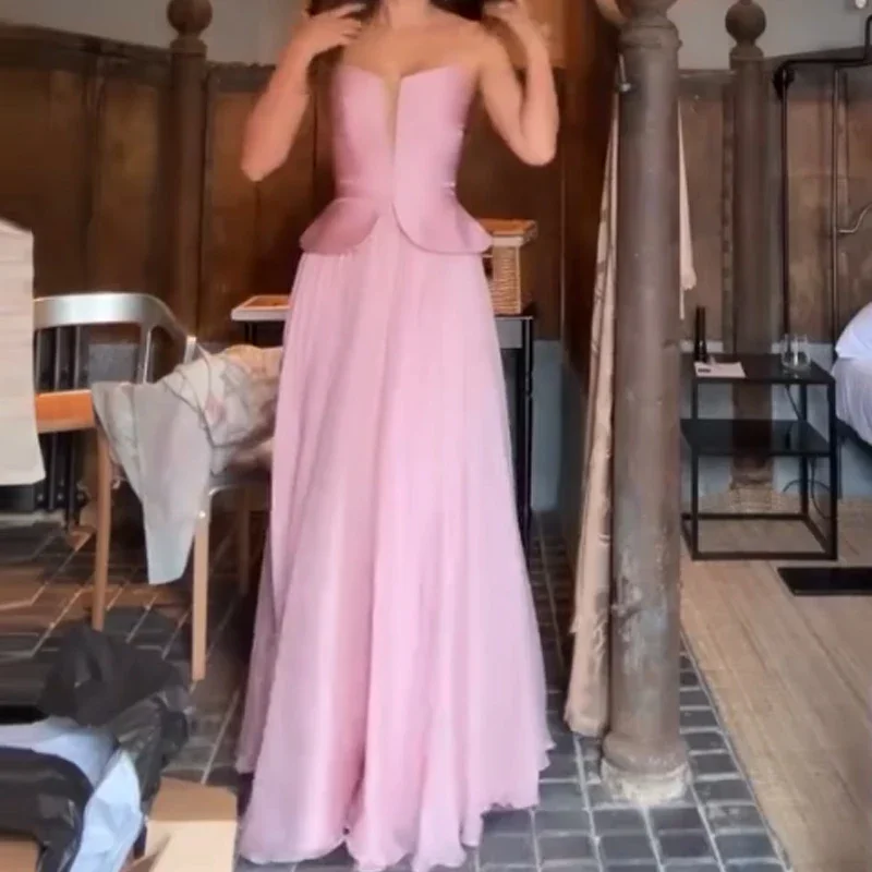 

Элегантное платье без бретелек без рукавов, женское модное вечернее платье с высокой талией, сексуальные драпированные розовые длинные платья с открытой спиной