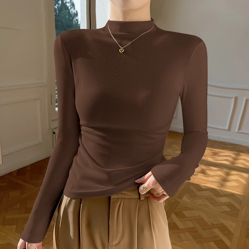 

Autumn Winter Turtleneck Sweater Velvet Bottom Shirt Korean Slim Inner Long Sleeve Tops Soft Warm Thick