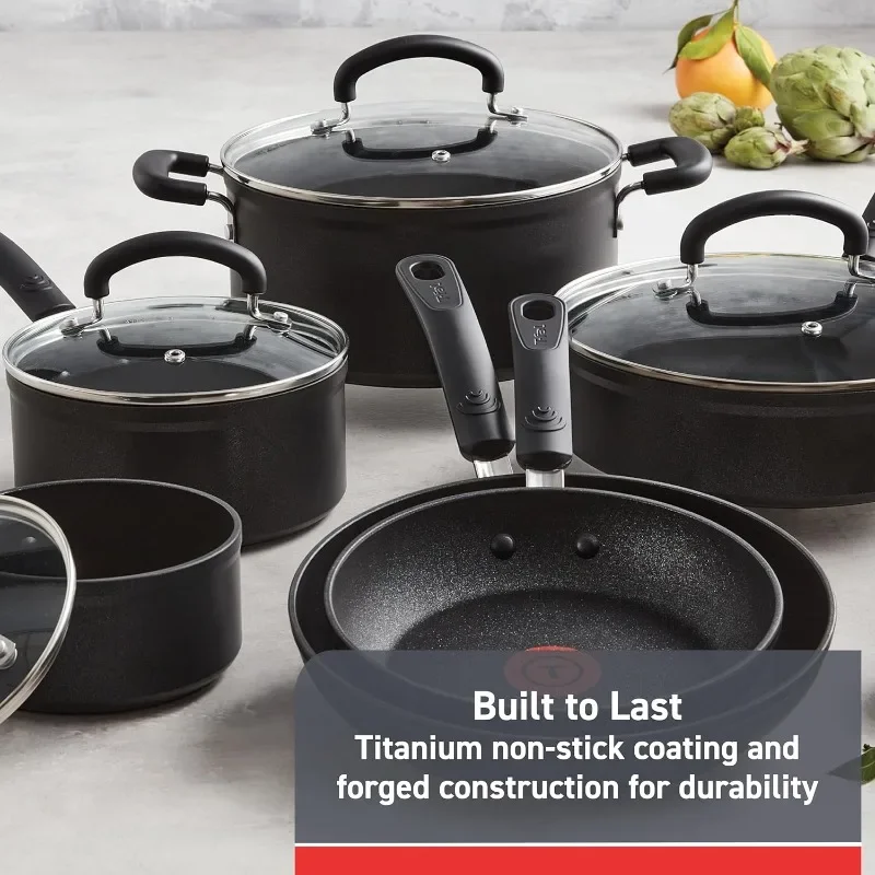 T-fal Advanced Nonstick Cookware Set 12 Piece Oven Safe 350F Pots and Pans, Dishwasher Safe Black