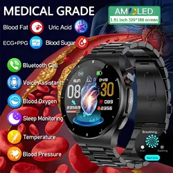 2024 New Blood Lipid Uric Acid Medical Grade ECG+PPG+HRV Health Monitoring AMOLED Screen Waterproof HD Bluetooth Call smartwatch