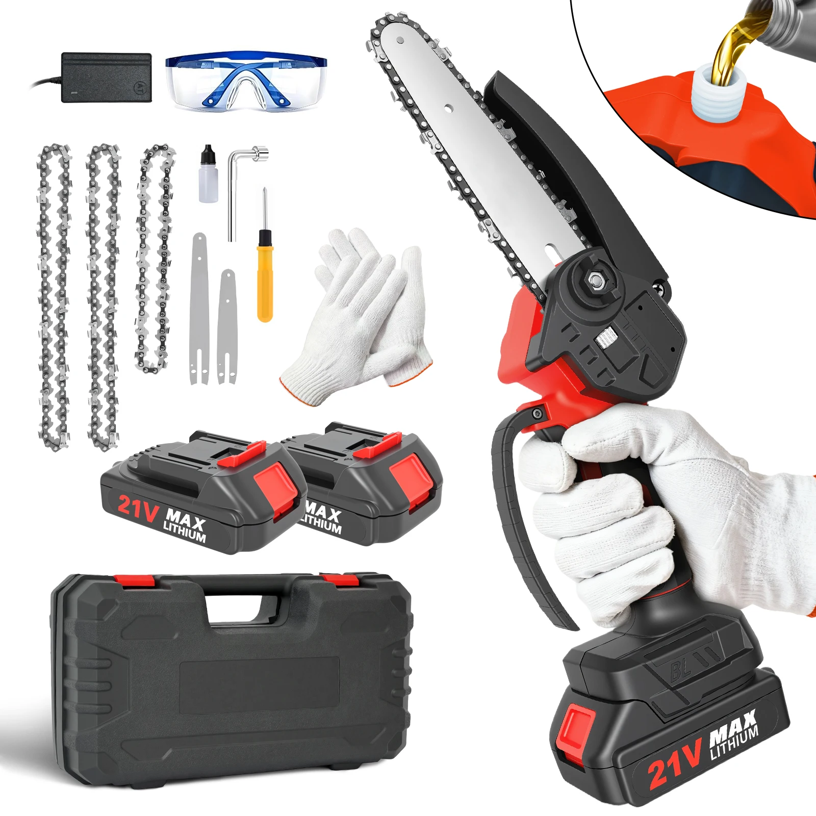 

Electric Chainsaw Cordless 21V Handheld Power Tool 6 Inch & 4 Inch 2 Batteries 3 Chains for Wood Cutting Branch Trimming