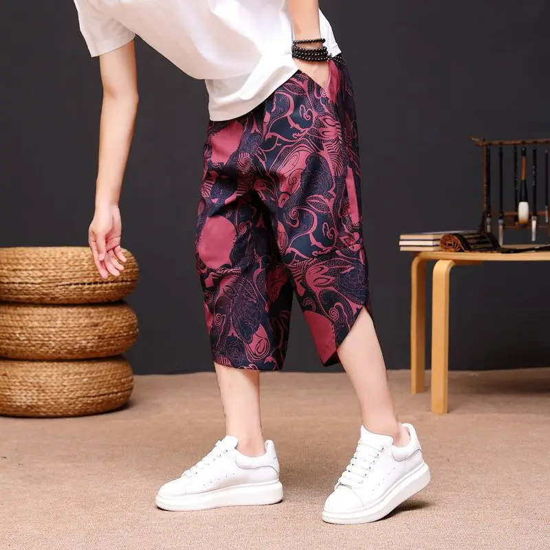 2024 New Summer Trendy Printed Men's Elastic Waist Drawstring Ice Silk Fabric Pants Fashion Casual Loose Calf Length Pants